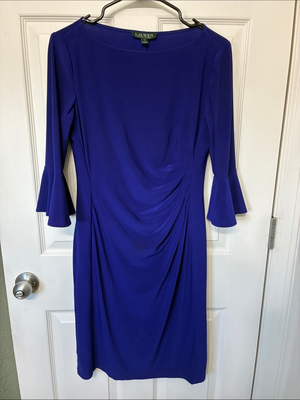 Size 6 Ralph Lauren Cobalt Blue Ruched Sheath Dress with Flared Sleeves
